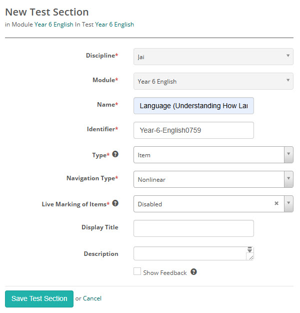 New Test Section screen