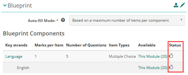 Component status — Number of Questions 5 with 20 items available shows a thumbs-up