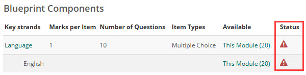Component status — Number of Questions 10 with only 20 items available shows a warning