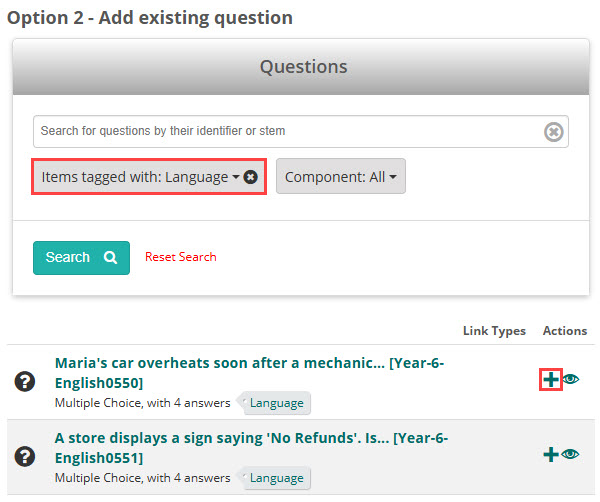 Add existing question — search and filter