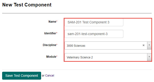 New Test Component screen fields