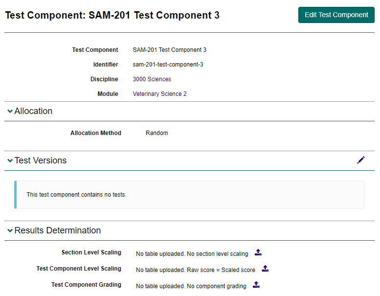Test Component screen with additional options