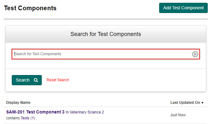 Search for Test Components expandable section