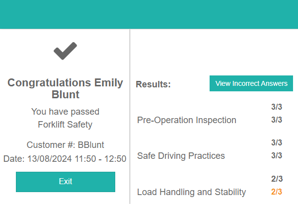 Results screen for a test-taker who passed, showing a tick, "You have passed Forklift Safety", and a Results panel scoring 3 out of 3 for Pre-Operation Inspection and Safe Driving Practices and 2 out of 3 for Load Handling and Stability