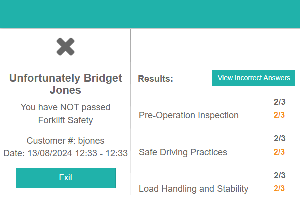 Results screen for a test-taker who did not pass, showing a cross, "You have NOT passed Forklift Safety", and a Results panel scoring 2 out of 3 for all 3 knowledge areas