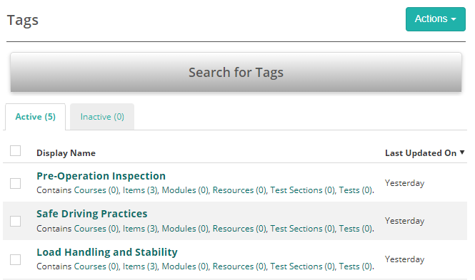 The Tags screen listing Pre-Operation Inspection, Safe Driving Practices and Load Handling and Stability, each applied to 3 items