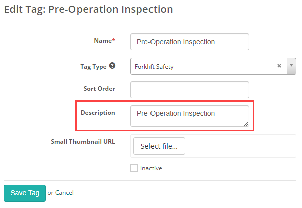 Tag edit form with the Description field
