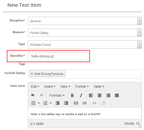 New Test Item form with the Identifier field highlighted, showing Safe-driving-q2