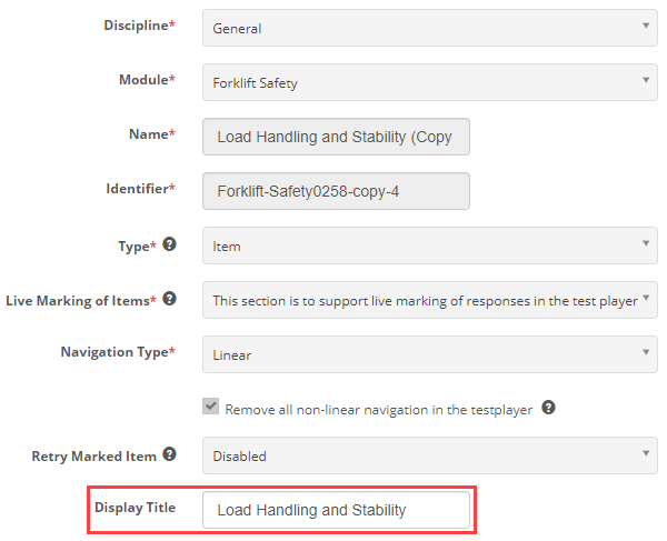Test section form with the Display Title field highlighted
