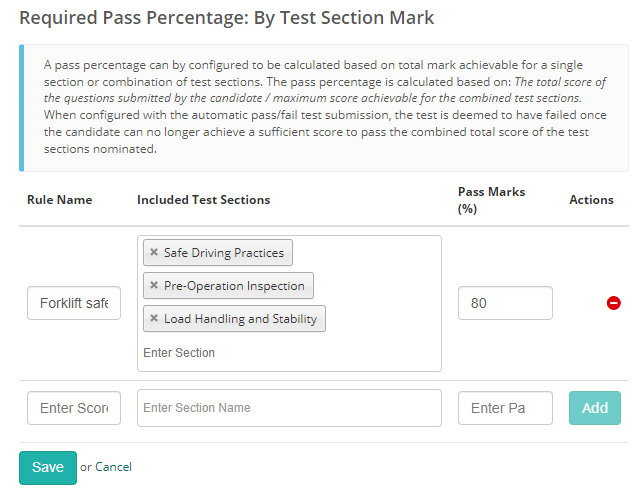 Required Pass Percentage: By Test Section Mark rule table, with a single rule covering all 3 sections at a Pass Marks value of 80