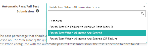 Automatic Pass/Fail Test Submission drop-down open, showing the 4 options