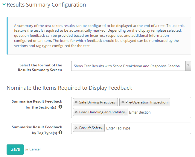Results Summary Configuration completed, with the Nominate the Items Required to Display Feedback block listing 3 sections and the Forklift Safety tag type
