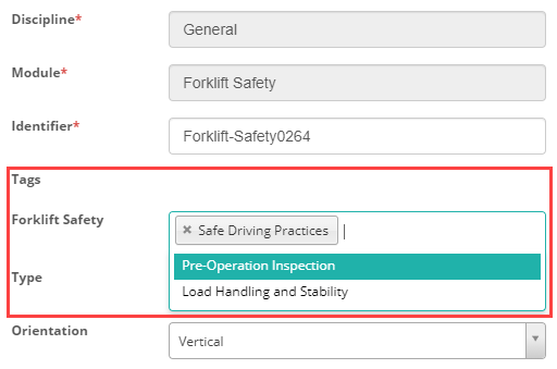 Item form showing a Tags group with a Forklift Safety field, Safe Driving Practices already selected and the drop-down open