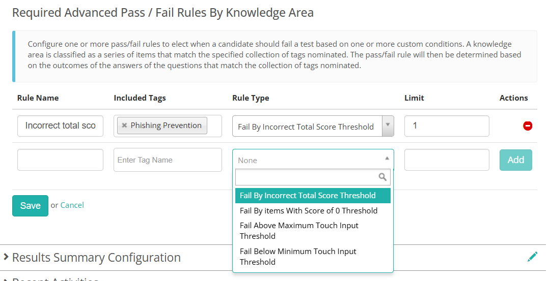 Required Advanced Pass / Fail Rules By Knowledge Area table with one rule, and the Rule Type drop-down open showing the 4 options