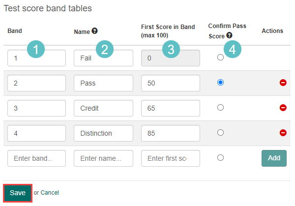 Score band configuration form with band names and score ranges