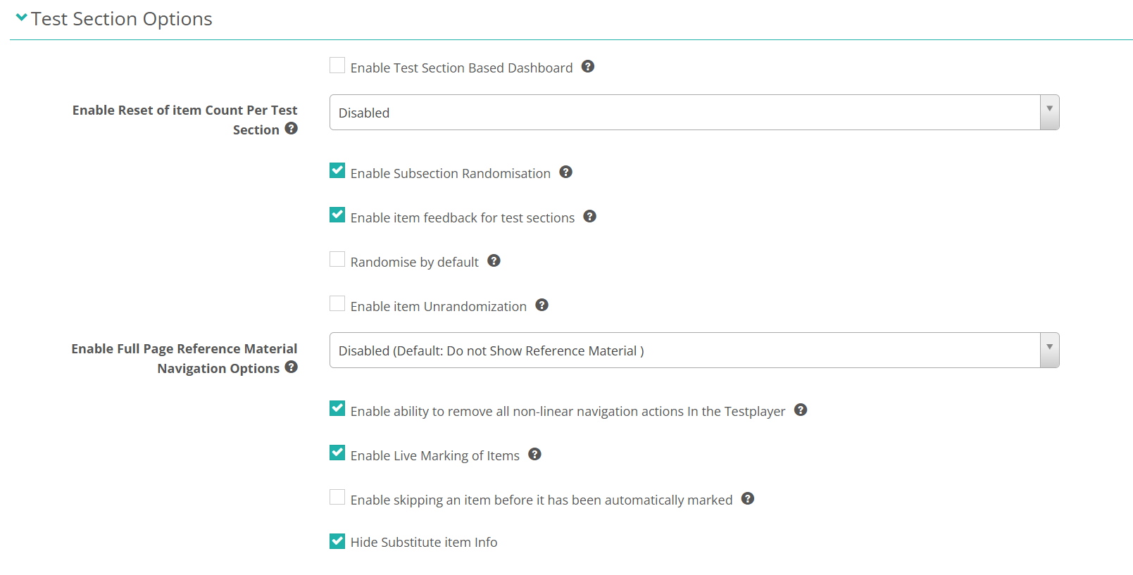 Test Section Options group under Test Designer Settings, including Enable Live Marking of Items
