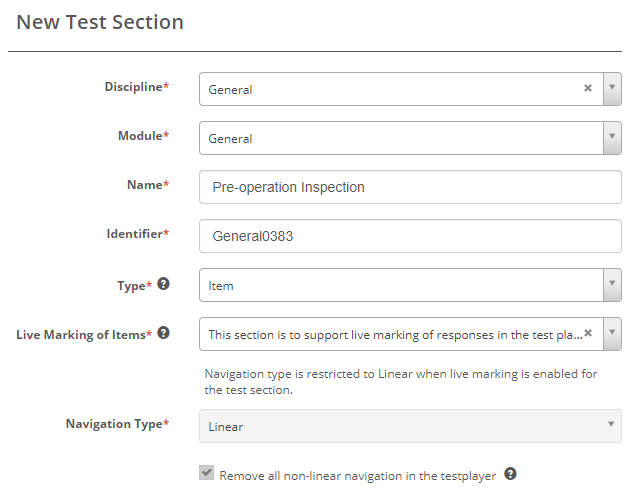 Test section form — first set of fields