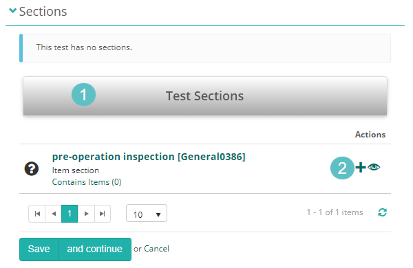 Search interface with plus icon for adding a section to the test