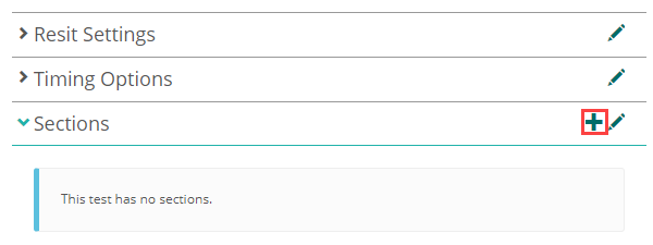 Plus icon in the Sections expandable for creating a new section within a test
