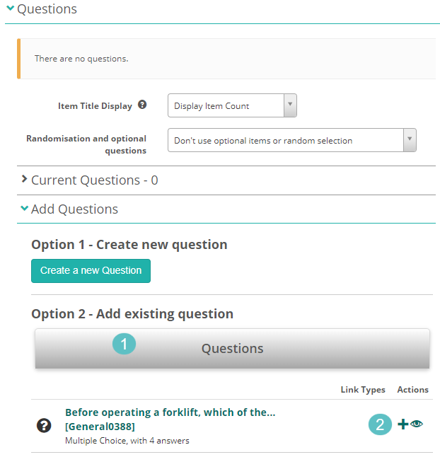 Questions expandable showing the search and plus icon for linking items