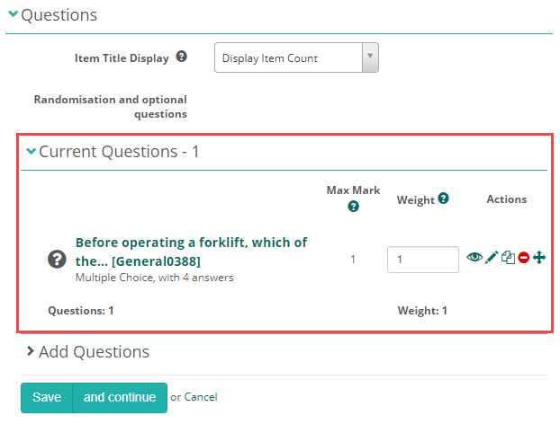 Current Questions list showing items linked to the section