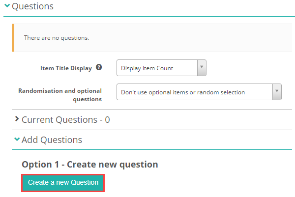 Create a new question option within the Questions expandable