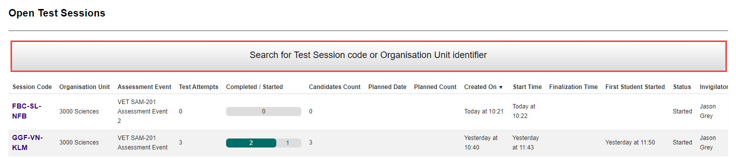 Search for Test Session code or Organisation Unit Identifier section