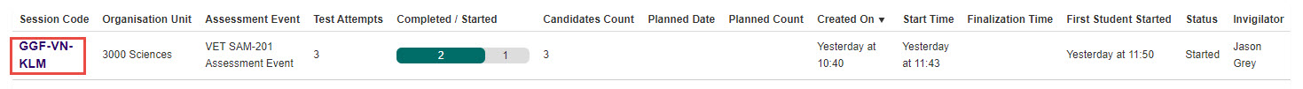 Session Code link in search results