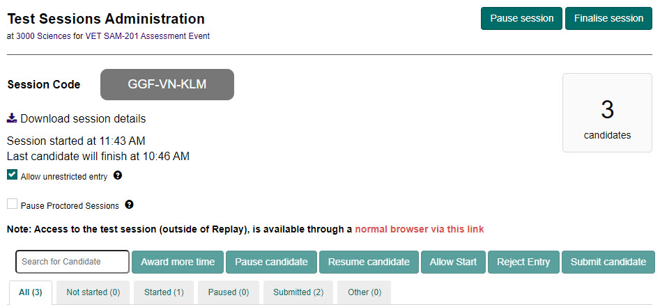 Test Sessions Administration dashboard