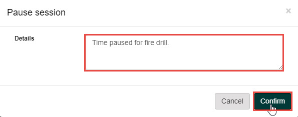 Pause session confirm dialog