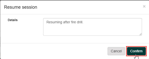 Resume session confirm dialog