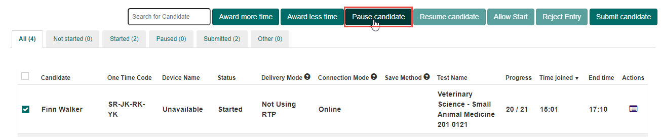 Pause test-taker button