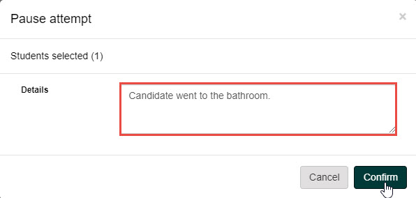 Pause test-taker confirm dialog