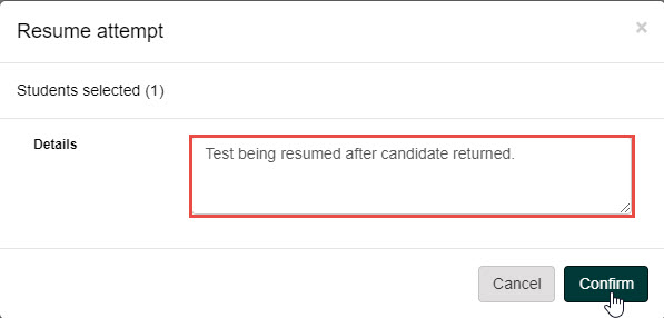 Resume test-taker confirm dialog