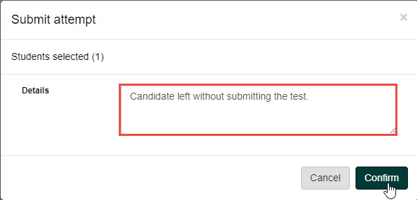 Submit test-taker confirm dialog