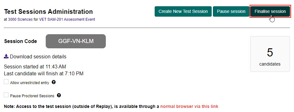 Finalise session button