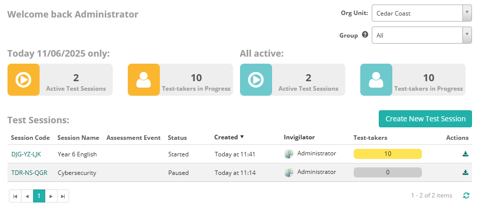 Test session dashboard