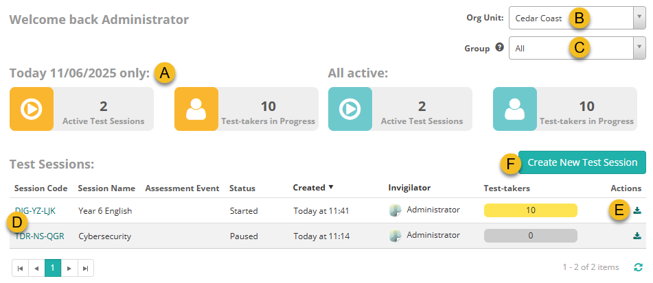 View and create test sessions