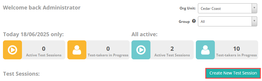 Create New Test Session button