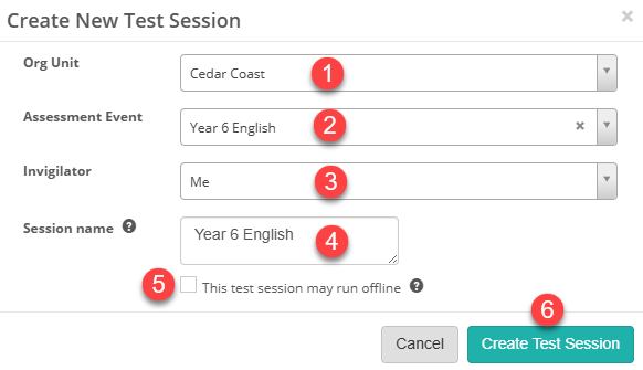 Create New Test Session modal