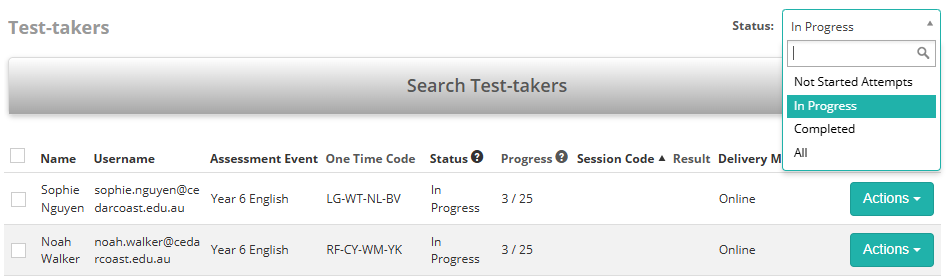 Test session dashboard