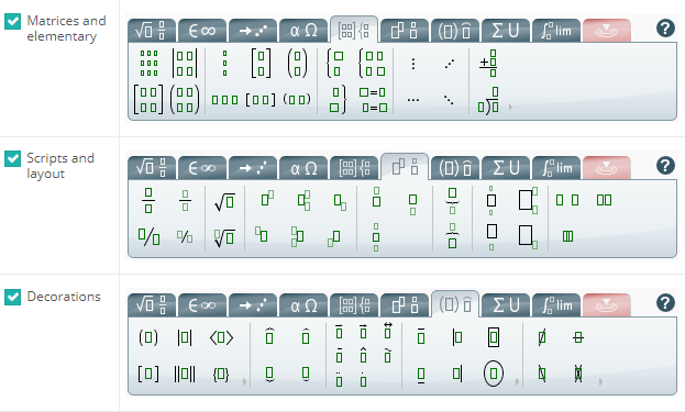 Maths equation editor tab configuration