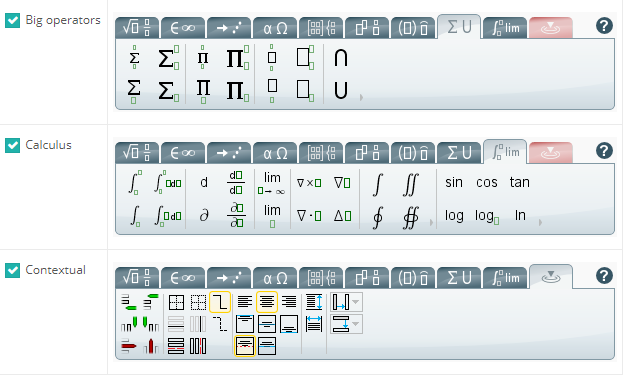 Additional maths equation editor tab options