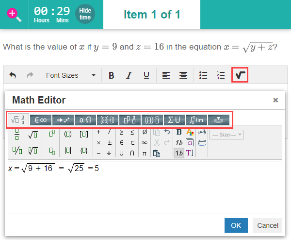 Maths equation editor interface in the test player