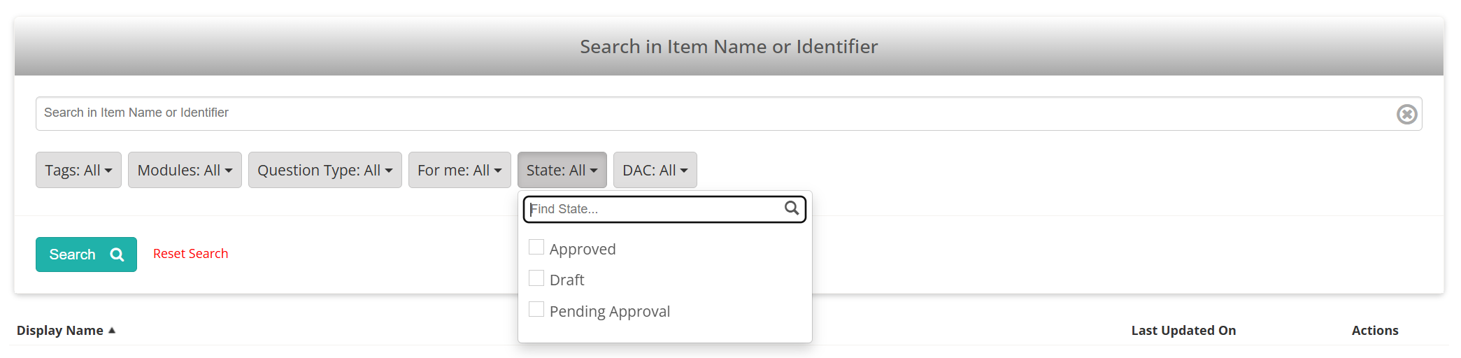 The item list filter bar with the State dropdown open, showing Approved, Draft and Pending Approval as filter options