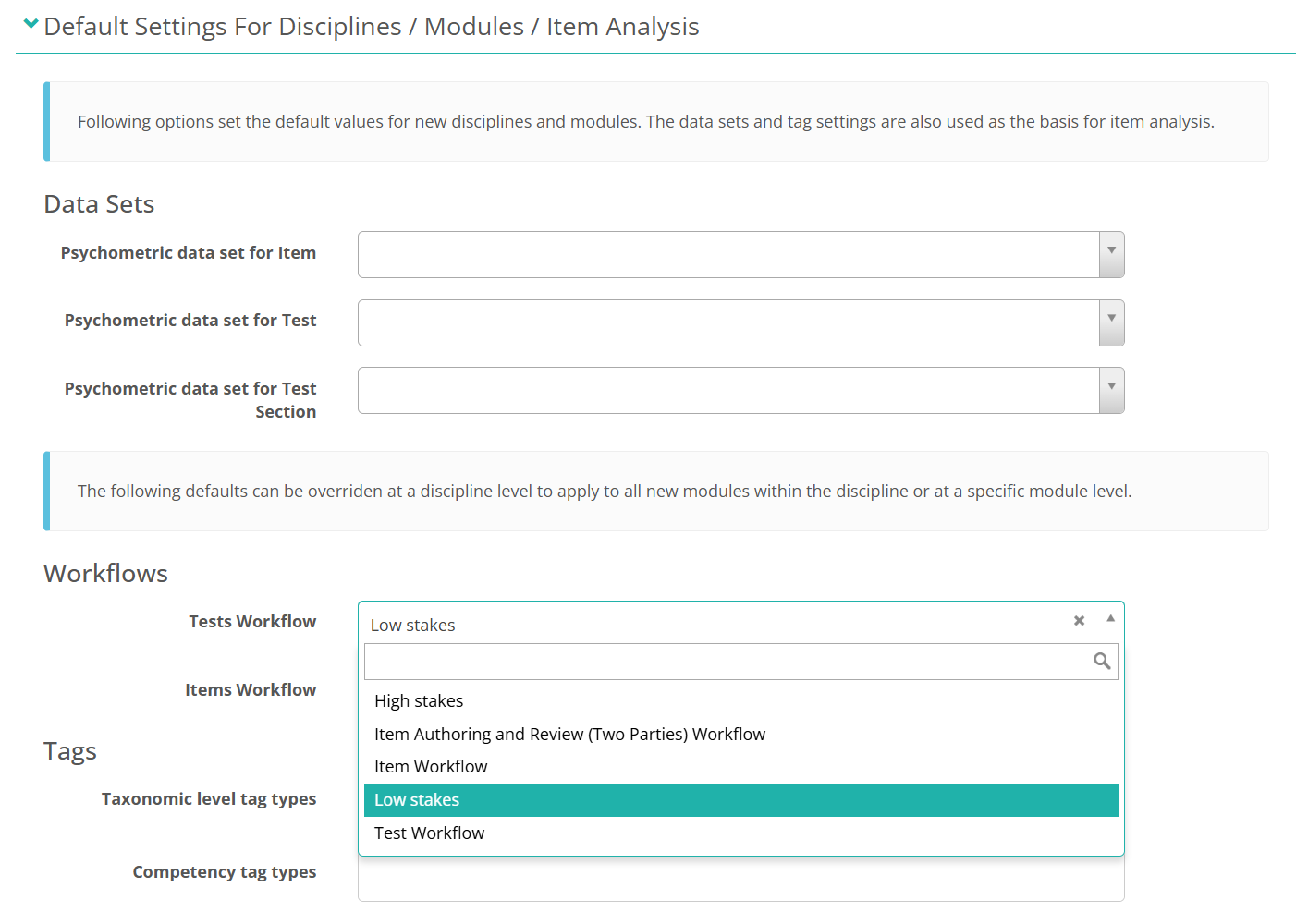 The Default Settings For Disciplines / Modules / Item Analysis panel in Test Designer Settings, with the Workflows subsection showing the Tests Workflow and Items Workflow selectors and the list of available workflow definitions open