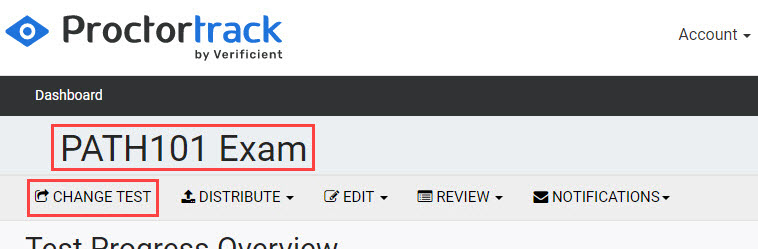 Instructor dashboard with active test name and CHANGE TEST button highlighted