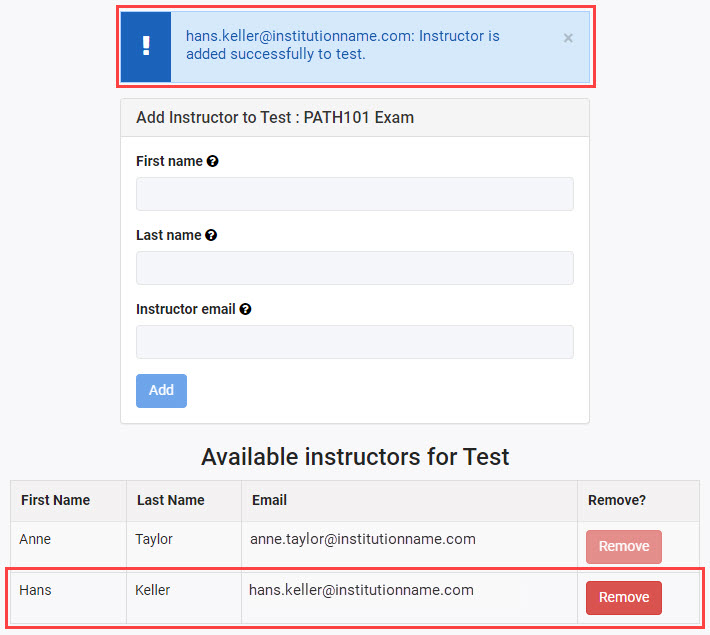 Confirmation message and new instructor entry in the list