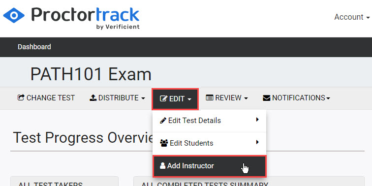 EDIT dropdown with Add Instructor option highlighted