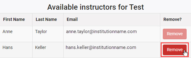 Available instructors list with Remove button highlighted